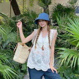 [기타브랜드]민소매 레이스 자수 레이어드 블라우스 여성 캐주얼 남방 데일