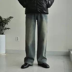 국산 통넓은 남자융털청바지 겨울 따뜻한 와이드 반밴딩 데님팬츠 빈티지 워싱