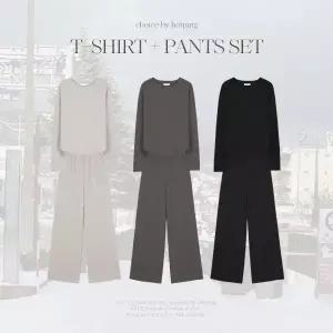 핫핑 [기모투피스][활용도] 플루토 라운드넥 기모 긴팔 티셔츠+밴딩 스트링 와이드팬츠set