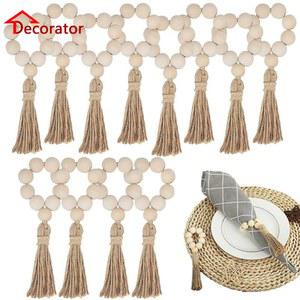 나무 구슬 냅킨 링 술과 홀더 크리스마스 농가 웨딩 홈 짠 장식을위한 손으로 테이블 버클 Boho