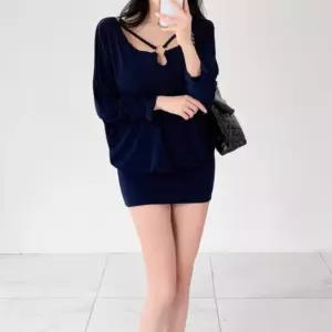 여자 트임 골드링 가오리핏 긴팔 미니 원피스