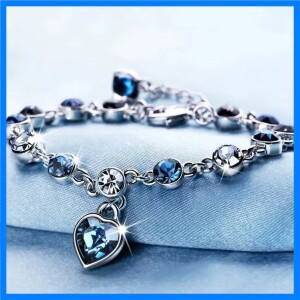 여성용 실버 컬러 행운 팔찌 여성용 블루 크리스탈 하트 참 팔찌 신부 결혼 약혼 고급 보석 선물