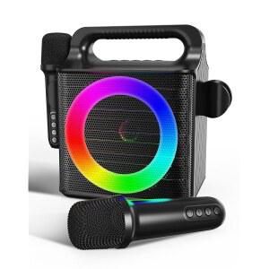 [미국배송] 2개의 무선 마이크가 있는 SINWE 휴대용 노래방 기계 - 다채로운 조명이 블루투스 노래 장치와 크리스마스 생일 파티 결혼식 및 홈 엔터테인먼트를 위한 15W 스피커