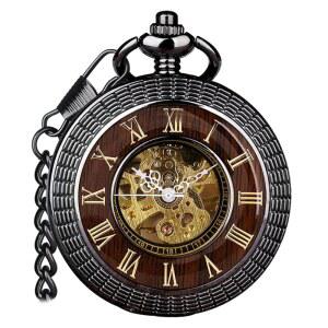 비오조 남성용 손바람 기계식 포켓 워치 빈티지 스팀펑크 우드 그레인 디자인 체인 및 박스