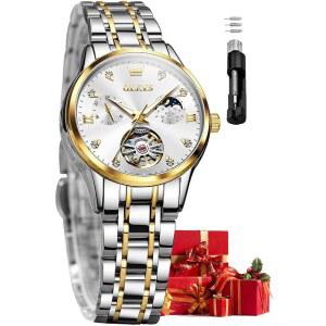 여성용 자동 시계 럭셔리 골드 및 실버 스테인리스 스틸 얇은 손목 기계식 플라이휠 문 페이즈 블루 & 화이트 다이얼 방수 기능