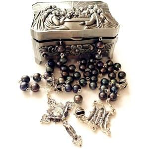 우아한 블랙 발리 스털링 실버 크로스 비즈 가톨릭 묵주 목걸이 상자 남성 여성 선물