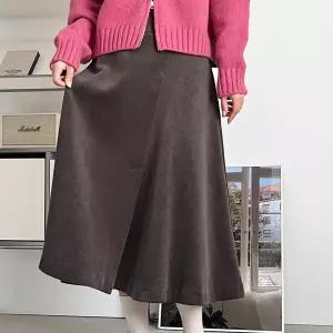 여자 와이드 밴딩 골덴 사선 플레어 기모 면 롱스커트