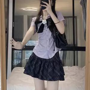 라이트퍼플 핀턱 반팔 체크치마 세라복 교복세트