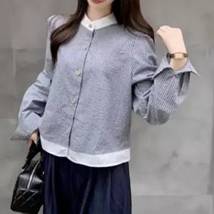 [옷자락]여성 차이나카라 밑단 컬러 배색 스트라이프 블라우스