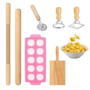 7 PCS 파스타 메이커 도구 세트에는 그노치 보드 1 라비올리 커터 휠 면 롤 핀 2 스탬프, 수제 파스타용 만들기 키트 (7)가 포함되어 있습니다