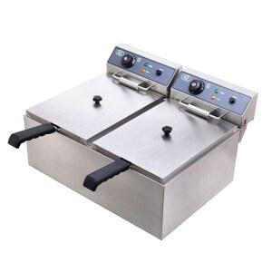 상업용 딥 팻 프라이어, 탈착식 오일 용기가 있는 더블 탱크 17Lx2 전기 대형 감자튀김 칩 프라이어 2개의 바구니와 뚜껑이 240V 6000W 스테인리스 스틸 튀김기 쉽게 청소