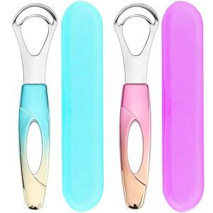 혀 스크레이퍼, 혀 클렌저, 혀 스크레이퍼 클리너, 성인과 어린이 모두를 위한 스테인리스 스틸 혀 클리너, 전문가가 구취 금속 혀 스크레이퍼를 줄이고 구강 위생에 도움을 줍니다 - 2팩