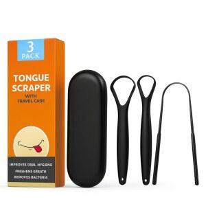 여행용 케이스 포함 성인용 혀 스크레이퍼 3종 세트(제트 블랙), 구취 감소, 금속 혀 스크레이퍼, 혀 클리너, 혀 스크레이퍼, 성인용 혀 클리너