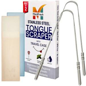다색 여행 케이스를 가진 성인용 메디프레시 혀 스크레이퍼(2팩), 100% 스테인리스 스틸, 구취 감소, 혀 스크러버, 사용하기 편리함, 구강 관리 및 위생을 위한 혀 클리너