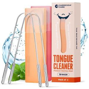성인용 CARRESA 케어 혀 스크레이퍼 - 여행 케이스가 있는 스테인리스 스틸 금속 혀 스크레이퍼, 구취 감소, 구강 관리용 혀 클리너, 구강 위생용 재사용 가능한 2대의 혀 스크러버
