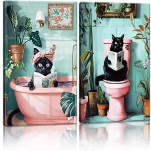 귀여운 검은 고양이 화장실 벽 아트 재미있는 신문 읽기 그림 장식 분홍색 동물 식물 포스터 인쇄물
