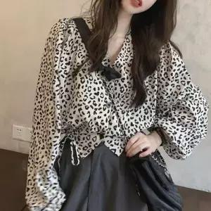 트렌디 루즈핏 셔링 스트링 크롭블라우스 레오파드 WAE0E16