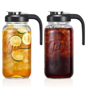 뚜껑이 있는 유리 피처 2종 세트 - 필터 2쿼터 메이슨 병 피처, 넓은 입병 누수 방지 물병, 물, 주스, 우유