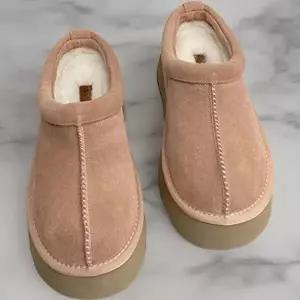 [옷자락]여성 통굽 키높이 가죽 퍼내부 스티치 슬리퍼