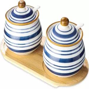 세일렌치 슈가볼 세트 2개 뚜껑과 숟가락 및 나무 트레이가 있는 세라믹 커피 바 가정용 주방용 슈가