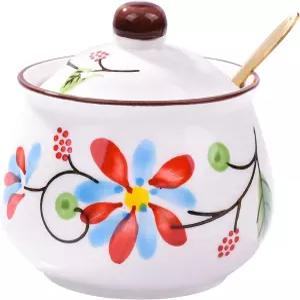 뚜껑과 숟가락이 달린 화이트니어 도자기 설탕 그릇 가정용 및 주방용 양념 용기 소금 병 (HH)