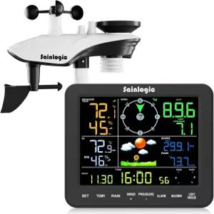 레인 게이지 및 풍속이 있는 Saintlogic SA8 가정 기상 관측소 게이지가 무선 실내 실외 예보 온도 습도 달
