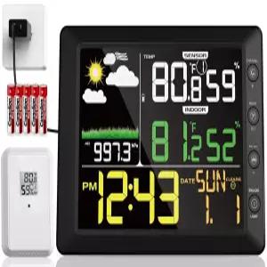 DOMAY 실내 무선 기상 관측소 기압 일기 예보 알람 시계 및 온도/습도 보정 기능이 있는 디지털 온도계