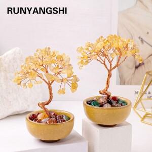 1PC 천연 크리스탈 트리 에너지 스톤 황수정 머니 구리 와이어 래핑 된  차 그릇 요가 풍수 나무