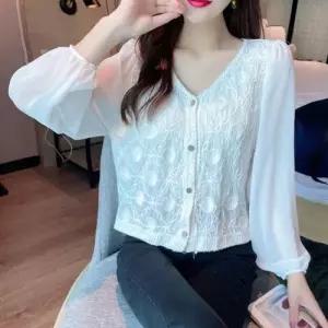 긴팔 여리 크롭 블라우스 자수패턴 쉬폰소매 어깨셔링 WAE9DFF