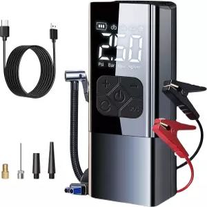 점프 스타터 기능 휴대용 타이어 공기 주입기 150PSI 및 8000mAh 차량 배터리 압력 게이지 자동차 오토바이