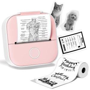 포넥 미니 스티커 프린터, T02 프린터 메이커, 롤 페이퍼 1장 포함 메이커 머신, 학습용 블루투스 열 잉크니스 노트 저널, 노트, 다이어그램