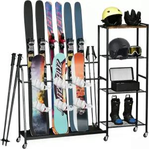 차고용 다기능 프리스탠딩 스키 보관 랙 바퀴가 달린 금속 홀더 공간 절약형 스노보드 4쌍의 부츠 폴 고글