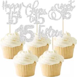 에플린 30팩 15번째 생일 케이크 토퍼 기념일 결혼 파티 장식용 실버 글리터 컵케이크