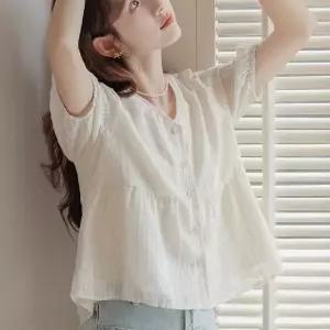 여성 쉬폰셔츠 v넥 A라인 여름 아일렛 청순 자수 블라우스 (WFKBXDI)