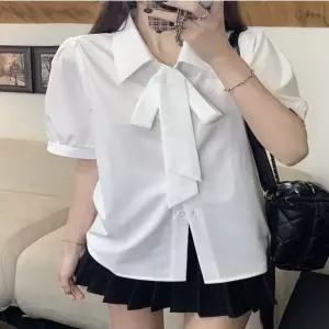 카라블라우스 리본 퍼프소매 셔츠 타이 셔링 여름반팔 (WFKBWX2)