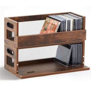 Jetec 레트로 CD 보관 박스 홀더 선반 금속 및 나무 디스플레이 랙, 운반 손잡이 포함, 영화 케이스, DVD용 카세트 테이프 정리함 선반, 각 세트는 최대 36개의 CD를 보관할 수 있습니다