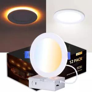 야간 조명이 있는 CycevSun 12팩 6인치 LED 오목 조명 - 캔리스 초박형 웨이퍼 다운라이트 소핏 포트 디밍