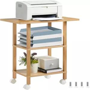 보관함이 있는 Lerliuo 3단 프린터 스탠드 홈 오피스용 테이블 잠금 휠이 나무 롤링 카트 선반 팩스기