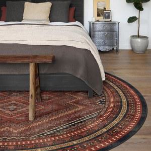 러거블 워셔블 빈티지 에어리어 러그 카덴 앰버 레드 6피트 원형, 얼룩 방지, 미끄럼 방지 거실, 침실, 복도, 현관 및 사무실용 중형 세탁기 러그 쿠션 패드 포함