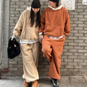 여자 남자 빅사이즈 배색 양털후드티 와이드조거 세트