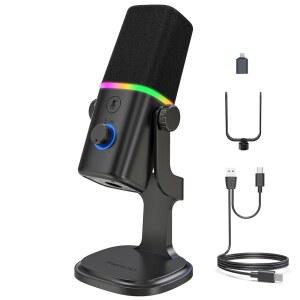 Haomuren XLR /USB 다이나믹 마이크, 게이밍 팟캐스트, 폰 PC 컴퓨터 스트리밍 마이크용 RGB 조명, 음소거 버튼, 마이크 게인, 헤드폰 잭, 데스크탑 스탠드, 노래 유튜브