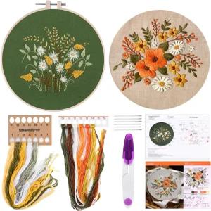 FEPITO 2 세트 패턴 및 지침이 포함된 풀 레인지 자수 스타터 키트 크로스 스티치 키트에는 꽃무늬 의류