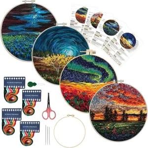 메이디어 4팩 자수 스타터 키트(패턴 포함) 초보자를 위한 스탬프 크로스 스티치 키트(자수 후프 및 지침