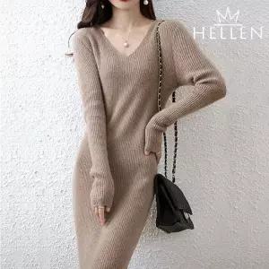 [헬렌] 브이넥 골지 니트 롱 원피스 스판 페미닌 데이트룩 로렌골지니트OPS B-780