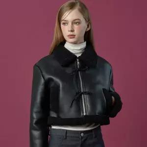 [KOLEAT]크롭 리본 비건 양털 무스탕 플리스 자켓 [All_Black]