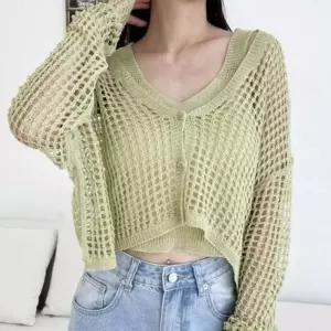 [라일리여성의류] Rly 세미크롭 걸스 데일리룩 니트집업 네트 슬리브리스