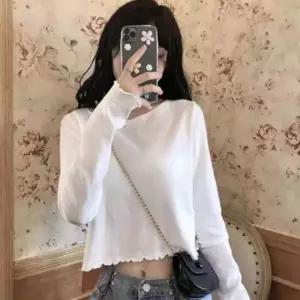 여름용 시스루 크롭 긴팔 티셔츠 셔링 디테일 데일리 착용