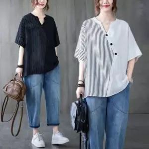 G126925 스트라이프배색 차이나카라 V넥 루즈실루엣 드레스셔츠 클래식티