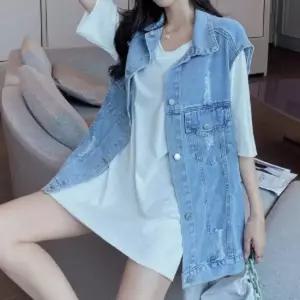 연청 카라 빈티지 캐주얼 여성 롱 데님 베스트 조끼