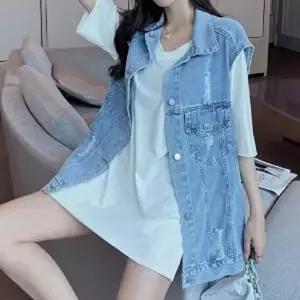 [셀러허브 패션]연청 카라 빈티지 캐주얼 여성 롱 데님 베스트 조끼